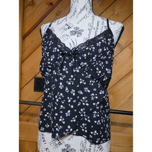 Selfie Womens XL Black Floral‎ Lace Trim Camisole Adjustable Strap Pleated Top